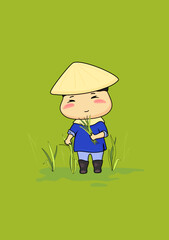 Cartoon postcard image of a man growing rice. Little farmer on a green background 