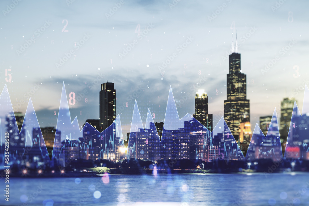 Poster abstract virtual analytics data spreadsheet on chicago cityscape background, analytics and analysis 