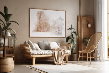 Nordic and bohemian poster frame mockup on basic living room backdrop. Generative AI