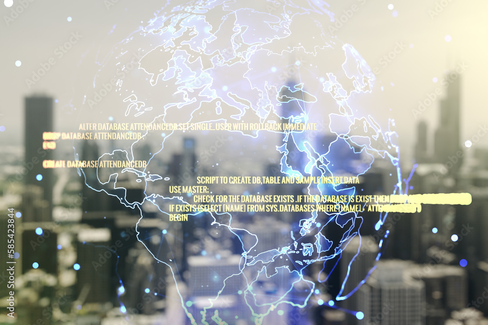 Poster multi exposure of abstract software development hologram and world map on blurry cityscape backgroun