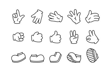 Vector set of limbs for creator of cartoon retro mascot, logo and branding. Monochrome elements of a hand in gloves and a foot in boots. The clipart is isolated on a white background. - 585423831