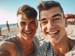 Fototapeta premium gay caucasian couple taking a selfie at the beach generative AI
