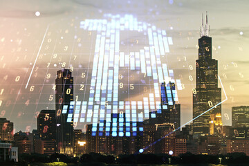 Virtual Bitcoin sketch on Chicago cityscape background. Double exposure