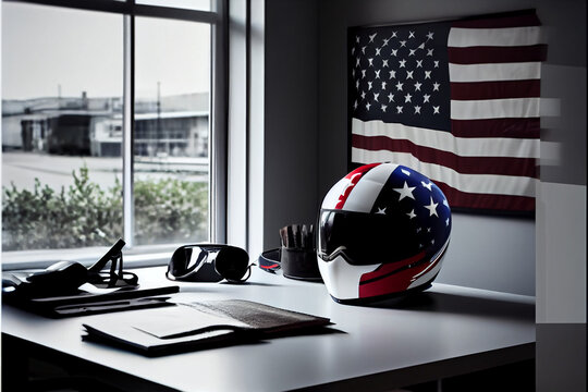 Red Racing Helmet With USA Flag For Motorbike Scooters, Sports And Touring Car Driver In Modern White Office.