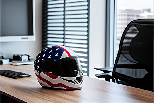 Red racing helmet with USA flag for motorbike scooters, sports and touring car driver in modern white office.