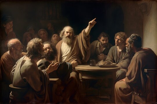 digital illustration of Socrates preaching philosophy in Athens, detailed Parthenon, earthy tones, solemn atmosphere, intense. generative ai