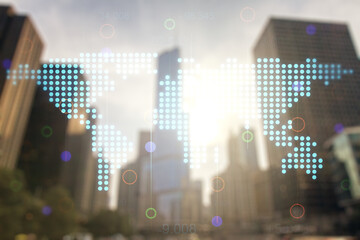 Multi exposure of abstract creative digital world map hologram on modern skyscrapers background,...