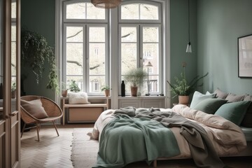 Danish bedroom with mint and beige bed,. Generative AI
