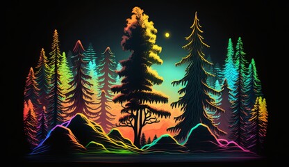 Pine forest illustration with neon glow and vivid