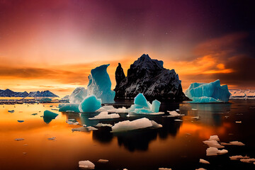 Antarctic ocean, iceberg landscape, turquoise and blue water, sunny day. Multi color illustration.