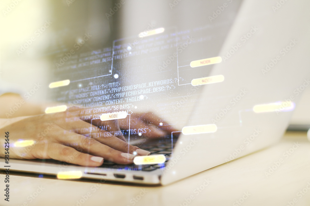 Poster abstract creative coding illustration with hands typing on laptop on background, software developmen