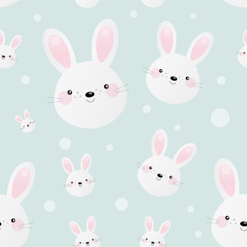 Cute pattern with white rabbit blue background