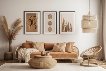 Elegant boho living room with 2 frames on wall. Generative AI