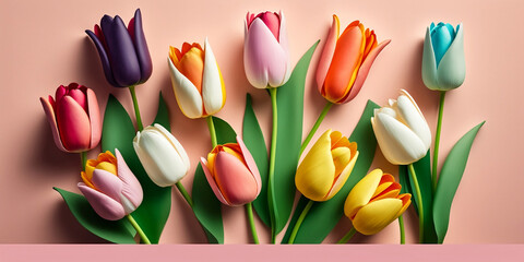 beautiful multicolored tulips on pastel pink background, isolated, high quality advertisement photography with depth of field, hyper-detailed, beautifully color-coded. generative ai