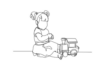 Continuous one-line drawing girl playing toy train. Children day concept. Single line drawing design graphic vector illustration
