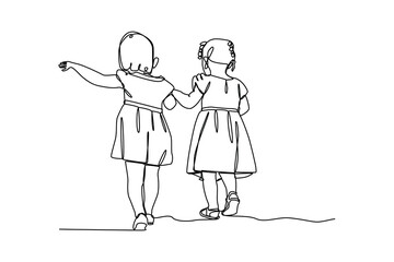 Continuous one-line drawing two girls playing together. Children day concept. Single line drawing design graphic vector illustration