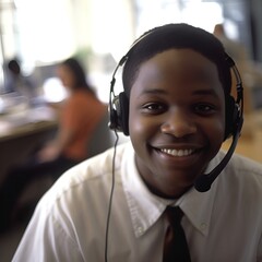 Happy call center person wearing headset