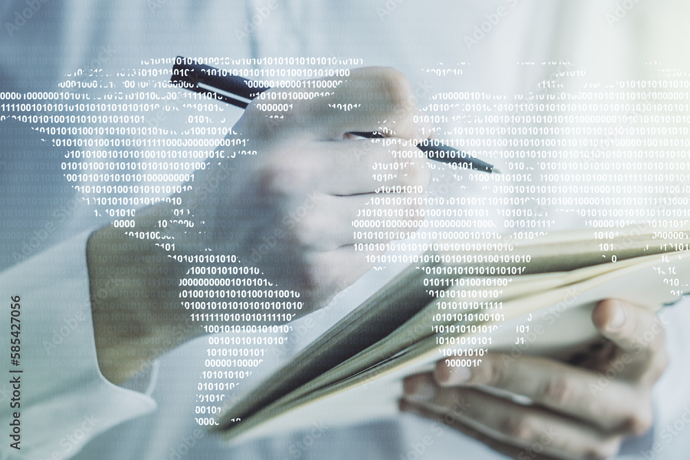 Aufkleber multi exposure of abstract creative digital world map and man hand writing in notebook on background
