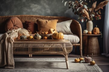 Fototapeta na wymiar Vintage living room closeup. Sofa, autumn themed rattan table. Boho chic, autumn decor,. Generative AI