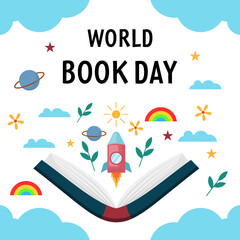 flat design world book day illustration with clouds, rocket, sun, rainbow, and plants