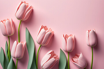 beautiful pink tulips on pastel pink background, isolated: attention to detail, high quality advertisement photography with depth of field, hyper-detailed, beautifully color-coded. generative ai