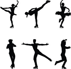 set young female and male athlete skaters in figure skating black silhouette on white background, sports vector illustration