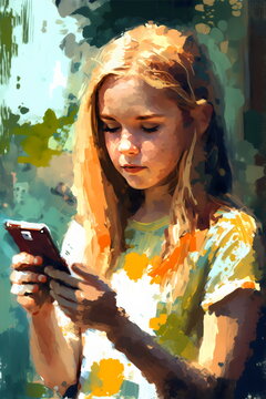 teen girl looking at phone in impressionist painting style, made with generative ai