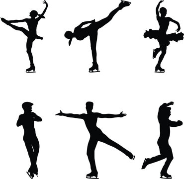 Set Young Female And Male Athlete Skaters In Figure Skating Black Silhouette On White Background, Sports Vector Illustration