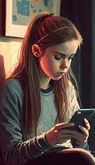 Fototapeta premium girl looking at phone in impressionist painting style, made with generative ai