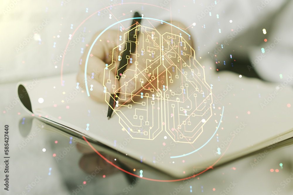 Aufkleber double exposure of creative artificial intelligence symbol with man hand writing in notebook on back