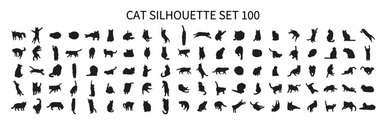 Cute cat silhouette set 100 in various poses - obrazy, fototapety, plakaty