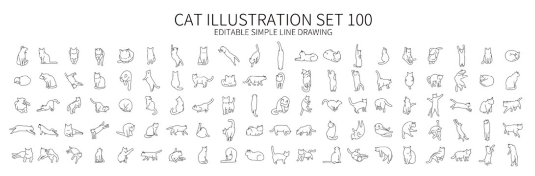 Cute cat illustration set 100 in various poses
