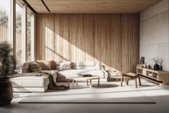 Unfinished blueprint, wooden walled minimalist living room. Carpets, cushions, venetian blinds, and fabric couch. Simple interiors. Generative AI