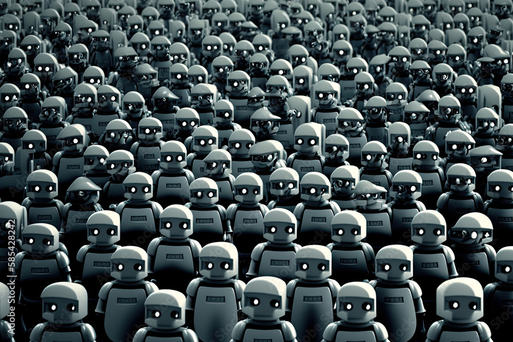 Poster robot crowd in rows. robot army. created with generative ai