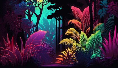 Tropical forest illustration with neon glow and vivid