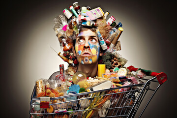 Woman with shopping cart full of different goods. Concept of shopaholism and overconsumption. Female consumer thinking about future purchasing. Created with Generative AI - obrazy, fototapety, plakaty