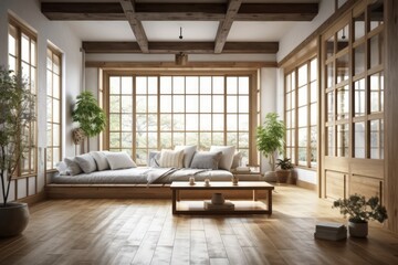 Fototapeta na wymiar Japanese wooden living room and white project draft. Fabric couch, beams ceiling, window, and decors. Farmhouse decor,. Generative AI