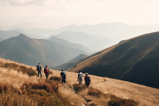 Group of tourist hiking in mountains. Travelers with backpacks in mountains. Outdoor activities. Created with Generative AI