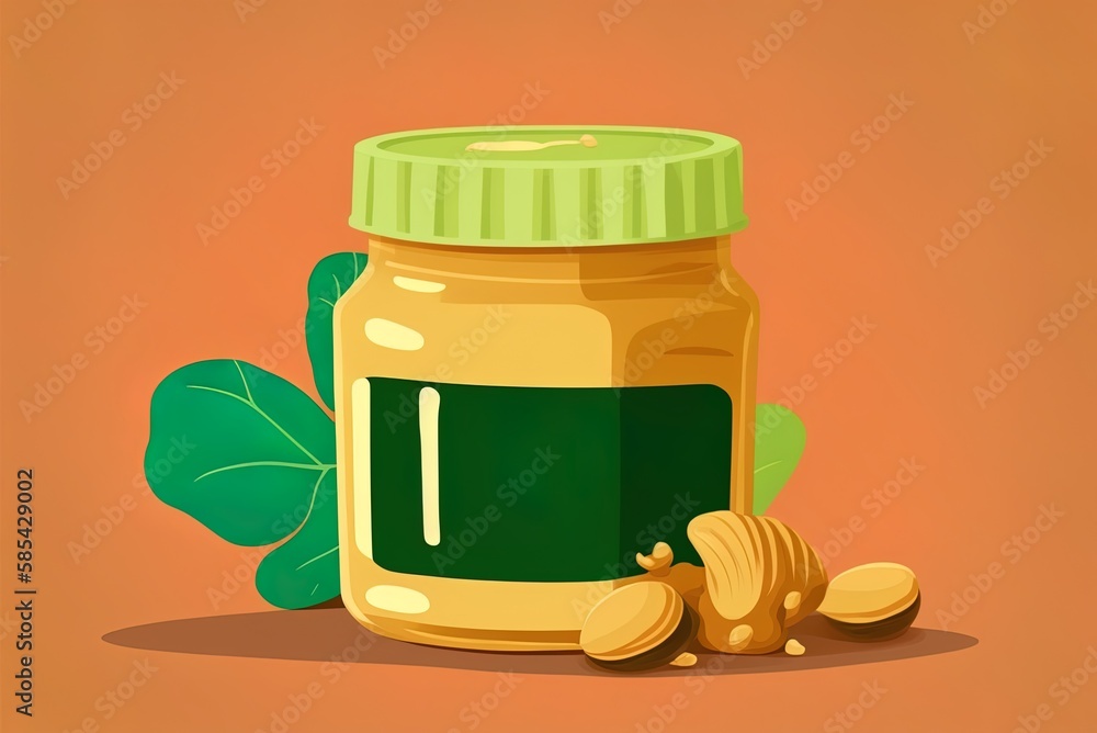 Aufkleber yummy peanut butter next to a container of peanuts on a leafy green backdrop generative ai