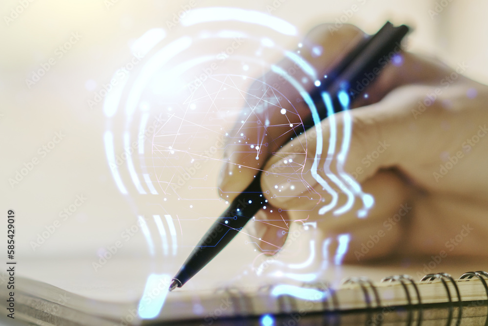 Aufkleber creative artificial intelligence concept with human head sketch and man hand writing in diary on bac