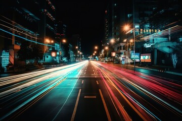 Fototapeta na wymiar Light Trails On Road At Night, Generative AI