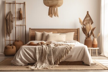 Boho bedroom mockup with wooden bed, fringed beige blanket, linen cushion with tassels, dried pampas grass, and basket lamp on empty white backdrop. Generative AI
