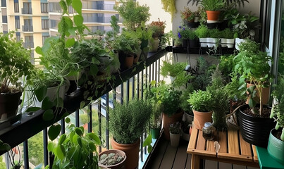 Fototapeta na wymiar Relaxing Urban Oasis - Beautiful Balcony Garden with Abundant Flowers & Natural Plants. Generative AI