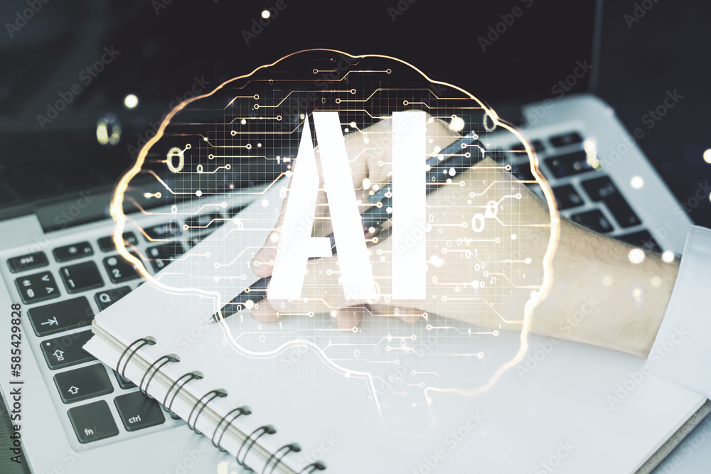 Poster double exposure of creative artificial intelligence symbol with hand writing in notebook on backgrou