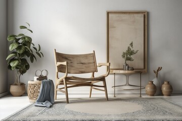 Scandinavian living room mockup, wooden chair on empty white backdrop, basic design,. Generative AI