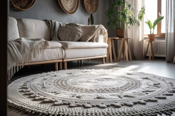 circular white crocheted rug near gray couch with cushions in bohemian interior. Generative AI