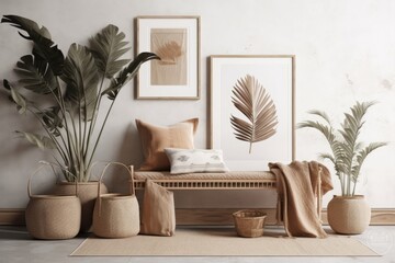 Mockup poster in Scandinavian decor with seat, baskets, and palm branches in pots. Generative AI