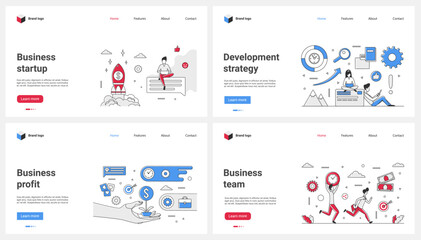 Success of business startup, strategy development and teamwork set vector illustration. Cartoon tiny people launch project rocket, grow money tree and work on analysis and promotion of company in team