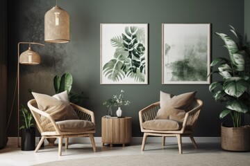 Rattan seats, flowers, and poster mockup in home. ,. Generative AI