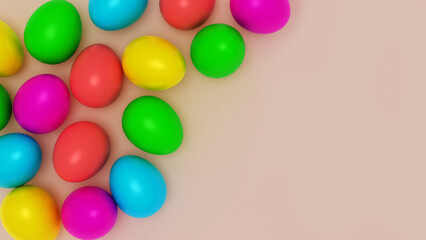 3D Illustration colorful easter eggs on uniform color with copyspace. 3d render background.